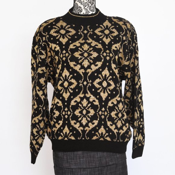 VTG 80's Metallic Gold & Black Sweater w/Shoulder Pads Size Large EUC - Picture 1 of 8